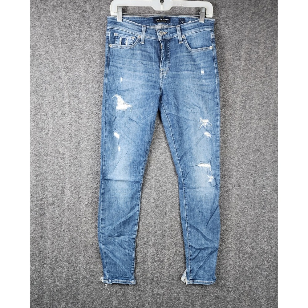 Lucky Brand‎ Skinny Jeans Womens 4/27 Blue Distressed Raw Hem Denim Mid Rise